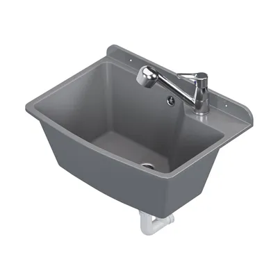 A gray sink with a chrome faucet is shown against a white background.