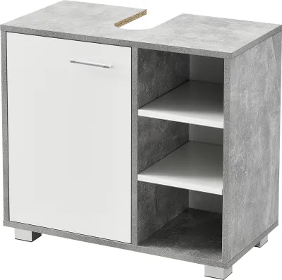 A bathroom vanity cabinet with a concrete-look finish and a white door.