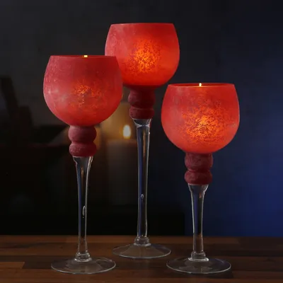 Produktbild von Kerzenhalter Kelch FROST - Windlicht - Glas - 3 Höhen - gefrostet und rot satiniert - 3er Set