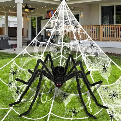 Produktbild von 【Klassisches Halloween-Element】Die Spinne ist ein unverzichtbares Element jeder Halloween Deko. Mit diesem Set können Sie Ihre Outdoor-Halloween-Dekoration, Horror-Partys oder Maskenbälle mit einem riesigen Spinnennetz und einer großen Spinne aufpeppen.️【Einfache Montage und Wiederverwendbarkeit】Die flexiblen Spinnenbeine lassen sich leicht biegen und formen. Das leichte Spinnennetz besteht aus widerstandsfähigen, gehäkten weißen Seilen, die problemlos an Wänden, Veranden und Rasenflächen befestigt werden k