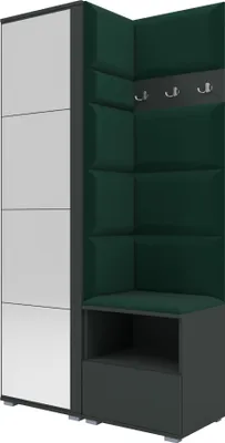 A corner furniture unit, likely a hall tree or entryway storage system, featuring a tall cabinet with mirrored doors and an upholstered corner section with coat hooks, a bench seat, and storage shelves.