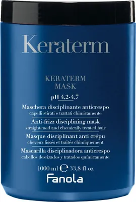 A blue plastic tub of hair mask with text and branding.