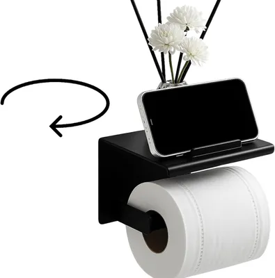 Produktbild von Schwarzer Toilettenpapierhalter mit Handyablage aus Stahl im Loft-Stil