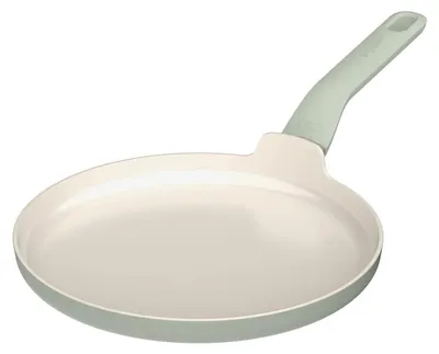 A single omelet pan with a sage green handle is shown against a white background.