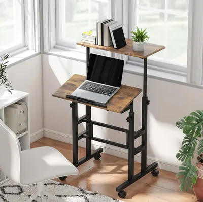 Produktbild von Schreibtisch Höhenverstellbar Küchentisch mit Regal, Rollen, Computertisch 60 x 60 x 70,5-120 cm