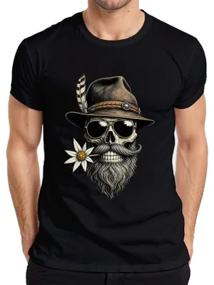 Productafbeelding van Doodskop, Edelweiss, traditionele hoed, , lederen broek, dirndl, heren T-shirt, zwart, maat S