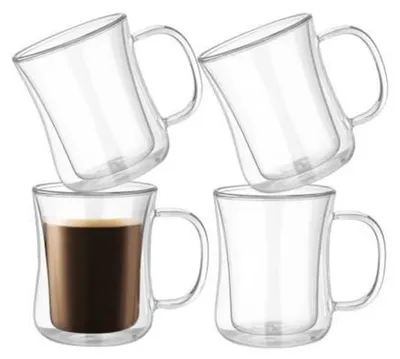 Immagine prodotto di Set di 4 bicchieri doppi isolati per Latte Macchiato, capacità 250 ml, in vetro borosilicato con manico