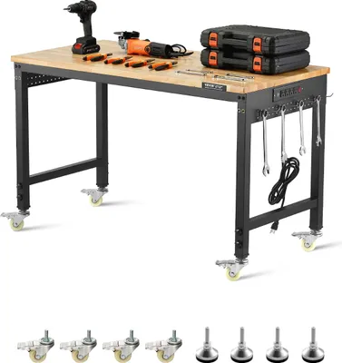 Zdjęcie produktu dla Stół warsztatowy VEVOR 1220x610x711-1003mm, nośność 907, stół warsztatowy z gniazdem, kółkami i tablicą na kołki, solidny stół warsztatowy z dębowym blatem do garażu, warsztatu, biura i domu