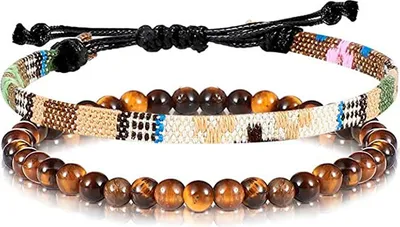 Produktbild von Made by Nami Boho Surfer-Armband 2er Set Herren & Damen - Handmade Strand Festival Accessoires - Azteken-Band Ethno Style - Männer Frauen Perlen-Armband