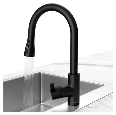 Produktbild von Küchenarmatur Schwarz, Ausziehbare Hochdruckarmatur, Mischbatterie für Spültisch, 360° Schwenkbar mit Zwei Sprühfunktionen, G3/8-Gewinde, Edelstahl