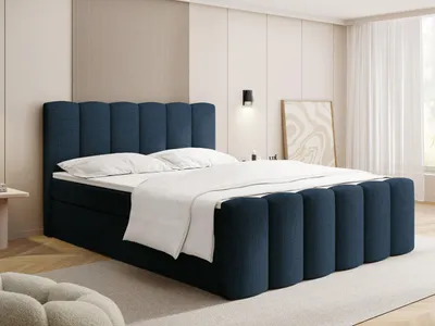 Produktbild von Boxspringbett mit Bettkasten – Polsterbett 160 x 200 cm mit H4 Taschenfederkern 7-Zonen Matratze & 5 cm Topper – Stauraumbett Serenity mit Hohem Kopfteil & Gepolstertem Fußteil – Dunkelblau Chenille