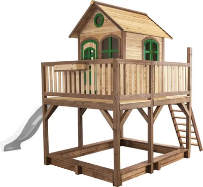 Produktbild von AXI Spielhaus Liam mit Sandkasten & weißer Rutsche | Stelzenhaus XXL in Braun & Grün aus  Holz für Kinder | Spielturm mit Wellenrutsche für den Garten