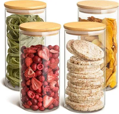 Immagine prodotto di Contenitore in vetro con coperchio in bambù - Set di 4 contenitori ermetici - 12 litri - Lavabile in lavastoviglie.