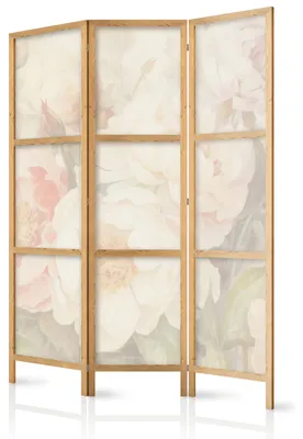Obrázok produktu pre Paraván japonského štýlu, 3-dielny, skladací, kvalitná textília, motív pastelových kvetov, vhodný do obývačky, rozmer 135 cm x 172 cm
