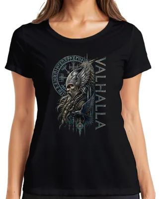 Immagine prodotto di T-shirt da donna, nero, taglia 3XL, con immagini di Valhalla, vichinghi, Odino, guerrieri, corvo, Vegvisir, Thor, mitologia nordica, Asgard