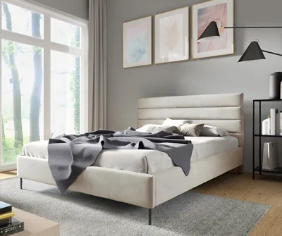 Produktbild von Sofello Polsterbett  Beige aus Velour 160 x 200 cm Schwarze Metallfüße Bett aus Samt - Doppelbett mit schöner Steppung und besonderem Design