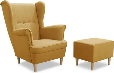 Produktbild von Easy4You Sessel Uszak mit Fußbank Gelb 82x100x86 cm, Relaxsessel, Skandinavischer Sessel, Moderner Polstersessel in Stoff Erie 05, Wohnzimmermöbel, Füße aus Holz
