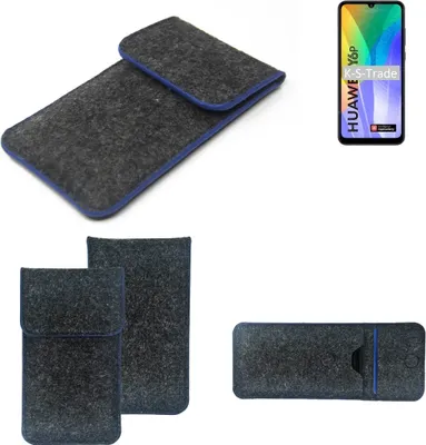 Produktbild von K-S-Trade Handy-Hülle Schutz-Hülle kompatibel mit Huawei Y6p Filztasche Pouch Tasche Case Sleeve Filzhülle dunkelgrau, blauer Rand