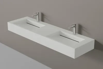 Produktbild von Wandwaschbecken Doppelwaschbecken TWG16 - Mineralguss, matt - Gel-Coat-Beschichtung - Untergestell wählbar, Farbe:Weiß matt, Untergestell:Ohne Untergestell