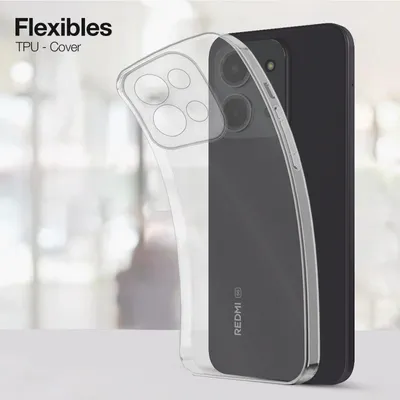 A clear TPU phone case is shown partially covering a black smartphone.