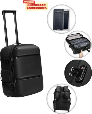 Produktbild von CarryQuest® - Vakuum Rucksack Trolley Underseat - Inkl. JuiceBoxx® Solar Powerbank - Handgepäck 40x30x20 - Rucksacktrolley mit Rädern - Eingebaute Pumpe - Laptopfach 14 Zoll - USB-C - TSA-Schloss - Schwarz