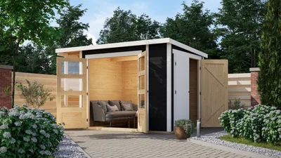 Produktbild von Karibu Gartenhaus Gerätehaus 19 mm Multifunktionshaus Pultdach mit Schrank und Anbaudach terragrau 300x186,5x196,5 cm