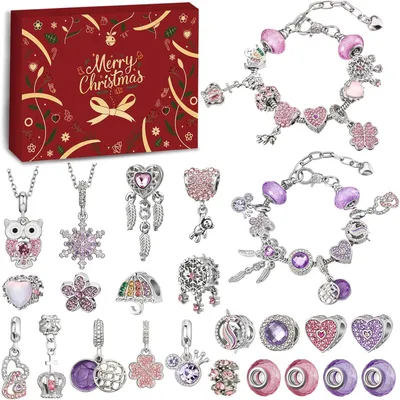 Image de Calendrier de l'Avent 2026 pour adolescentes - Calendrier de Noël - Bijoux - Loisirs créatifs - Enfants - Bracelet avec pendentifs - Collier - Kit de loisirs créatifs - Noël