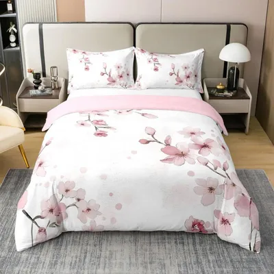 Zdjęcie produktu dla Komplet pościeli 155x220 cm, 100% bawełna, motyw kwiatów wiśni, zawiera 1 poszewkę na poduszkę 80x80 cm, kolor biały i różowy