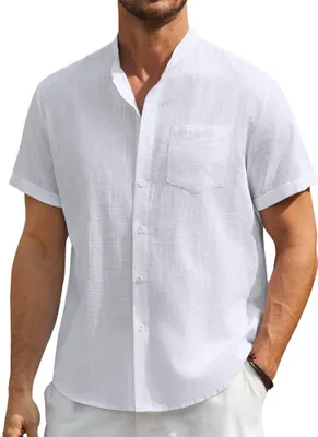 Imagen del producto de Camisa de lino para hombre, manga corta y cuello con cuello de pajarita, camisa de verano informal