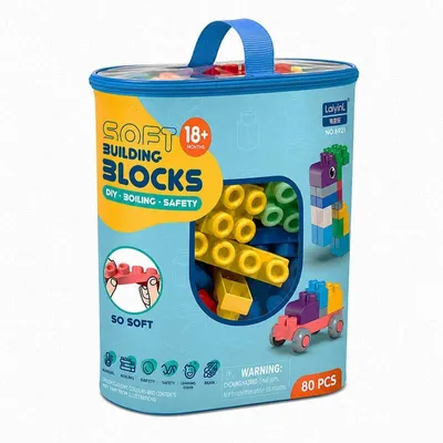 Produktbild von Baby Motorik Bausteine Soft Tasche - 80 Teile - Weiche Konstruktionsbausteine ab 3 Jahren