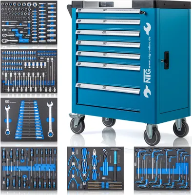 A blue tool cart with multiple drawers, filled with various tools, is shown. Several tool organizers with tools are placed around the cart.