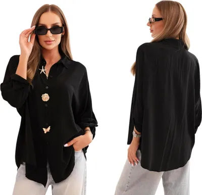 Produktbild von Damen Viskose T-Shirt mit Zierknöpfen und Kragen, Schwarz