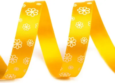 Produktbild von 20m Satinband 15mm #1 gelb mit Blumen, Dekoband, Geschenkband