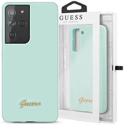 Produktbild von Guess GUHCS21LLSLMGLB S21 Ultra G998 blau/blaues Hardcase Silikon-Schriftzug-Metall-Logo Handyhülle