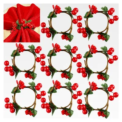 Produktbild von Serviettenringe Weihnachten 8 Stück Rote Beeren 4,5 cm Miniatur Serviettenschnalle für Festlichkeiten