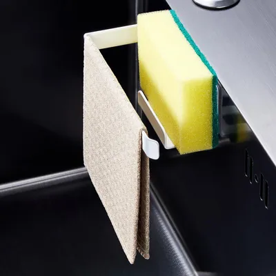 Productafbeelding van Sponsenhouders, zelfklevende theedoekhouders, houders voor afwasspongsen, 2-in-1 keukenaccessoire, metalen theedoekhouder/opbergdoos voor theedoeken, sponzen, borstels en afvoerkappen (wit)