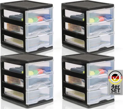 Produktbild von Hausfelder Schubladenbox A6, Box mit 3 Schubladen, Organizer und Schreibtisch Ordnungssystem (4er Pack)