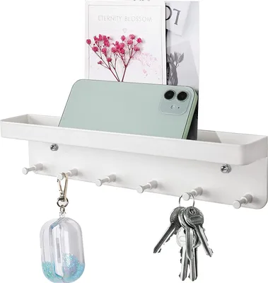 Produktbild von Schlüsselbrett Schlüsselhalter Schlüsselbrett mit Ablage Metall Schlüsselbrett,Wandorganizer mit 6 Haken Selbstklebend SchlüSsel Organizer,Weiß