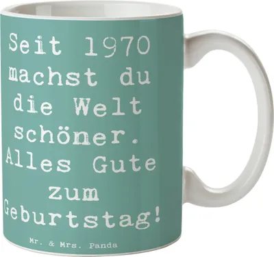 Produktbild von Mr. & Mrs. Panda Teetasse Spruch 1970 Geburtstag - Meeresbrise - Geschenk, liebevolle Botschaft, schöne tasse, persönlicher, Becher, Kaffeebecher, Kaffeetasse, Pott