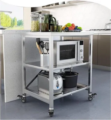 Obrázek produktu pro Nerezová pracovní deska, 3 úrovně, skládací, servírovací vozík, nerezová ocel, kuchyňský stůl se 4 kolečky, nerezový stůl, stůl na přípravu jídla, držák na mikrovlnnou troubu, úspora místa v kuchyni