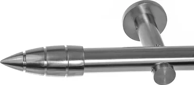 Close-up of a metal curtain rod with a decorative finial and a wall bracket.