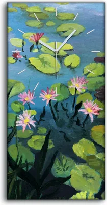 Produktbild von Wohnzimmer-Bild Leinwand Uhr 30x60 Gemälde Blätter See Blumen Wasser Kunst - weiße Hände