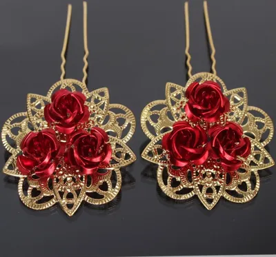 Produktbild von 2 XXL Rosen Haarnadeln in rot – gold