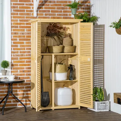 Produktbild von Gartenschrank Kiefernholz, Geräteschuppen Naturholz, Gerätehaus mit Asphaltdach, Lamellentür, 4 Fächer | 87 x 46,5 x 160 cm | 15 kg | abschließbar