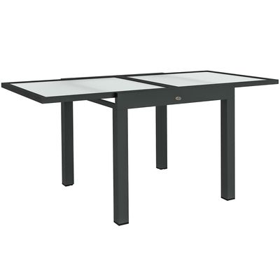Ausziehbarer Gartentisch von Outsunny, große Größe, aufgeklappte Abmessungen: 160 L x 80 B x 75 H cm, dunkelgraue, transparente Platte aus gehärtetem Aluminium aus gehärtetem Glas
