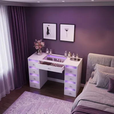 Image de Coiffeuse avec éclairage LED, 9 Tiroirs Blanc 130 x 55 x 81 cm