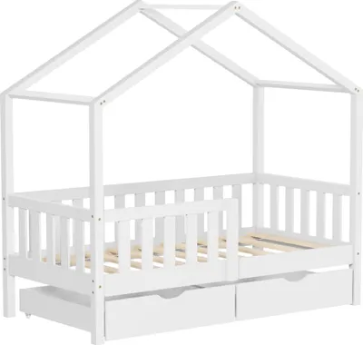 Produktbild von ML-Design Kinderbett Hausbett 70x140 cm Weiß mit 2 Schubladen Holzbett mit Rausfallschutz Lattenrost und Dach, Spielbett aus Kiefernholz, Bodenbett