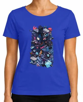Imagen del producto de Camiseta para mujer, estilo cyberpunk, con motivos de ciudad pixelada, videojuegos retro, neón, ciencia ficción, Japón, estética Y2K, diseño isométrico. Color: azul. Talla: S