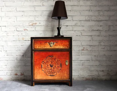 Produktbild von Nachtkästchen Nachtkommode Schlafzimmer Kommode Schrank Möbel asiatisch orientalisch chinesisch Nachtkonsole Kästchen Nachtschrank vintage antik Holz rot orange schwarz