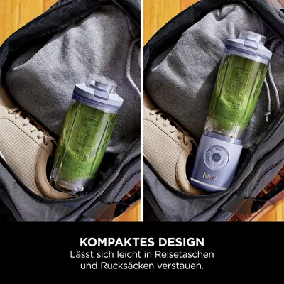 A portable blender filled with a green smoothie is placed inside a gym bag next to a pair of sneakers. The image is split into two halves, showing the blender from slightly different angles.